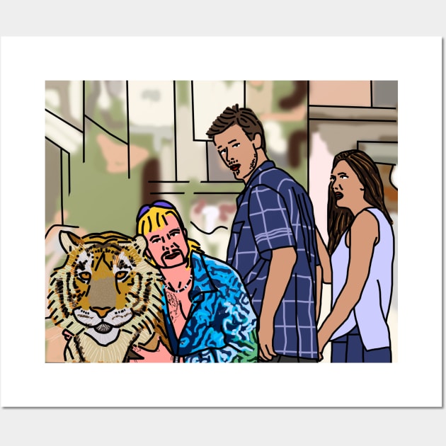 Man and Tiger in Distracted Boyfriend Memes Wall Art by ellenhenryart